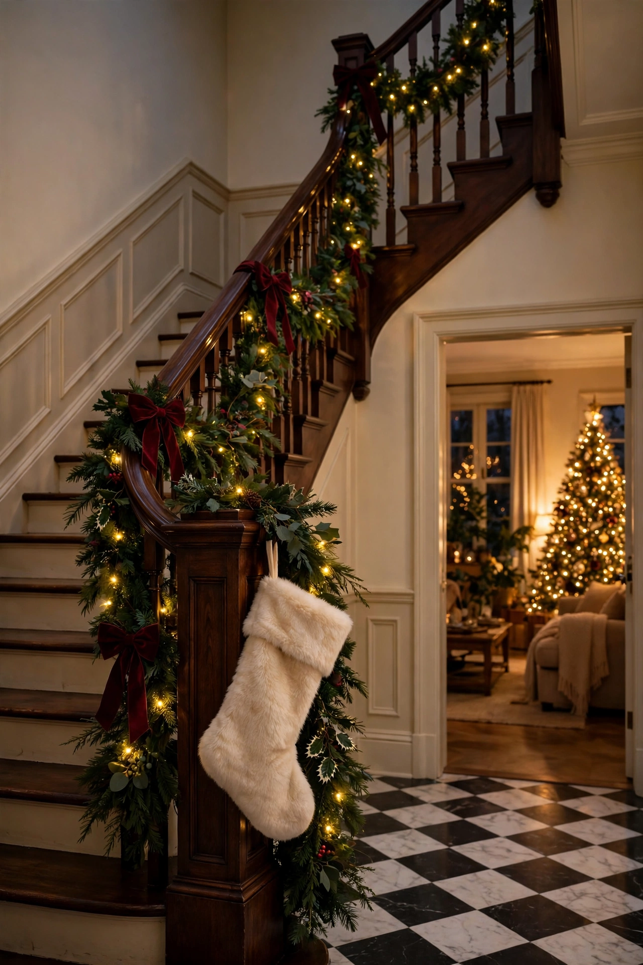 Entry hall staircase with a dark wood banister wrapped in green garland with warm micro lights and burgundy velvet bows, with the living room glowing through a doorway.