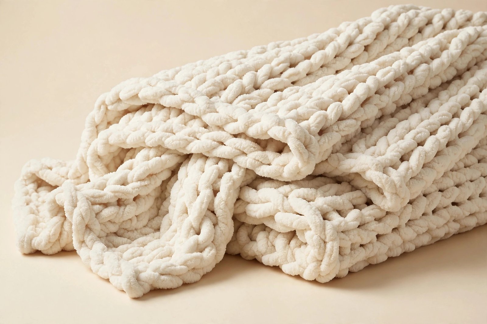 Maetoow Chenille Chunky Knit Blanket Throw, Handmade Cozy Couch Blanket, Cream, 50 x 60 Inch