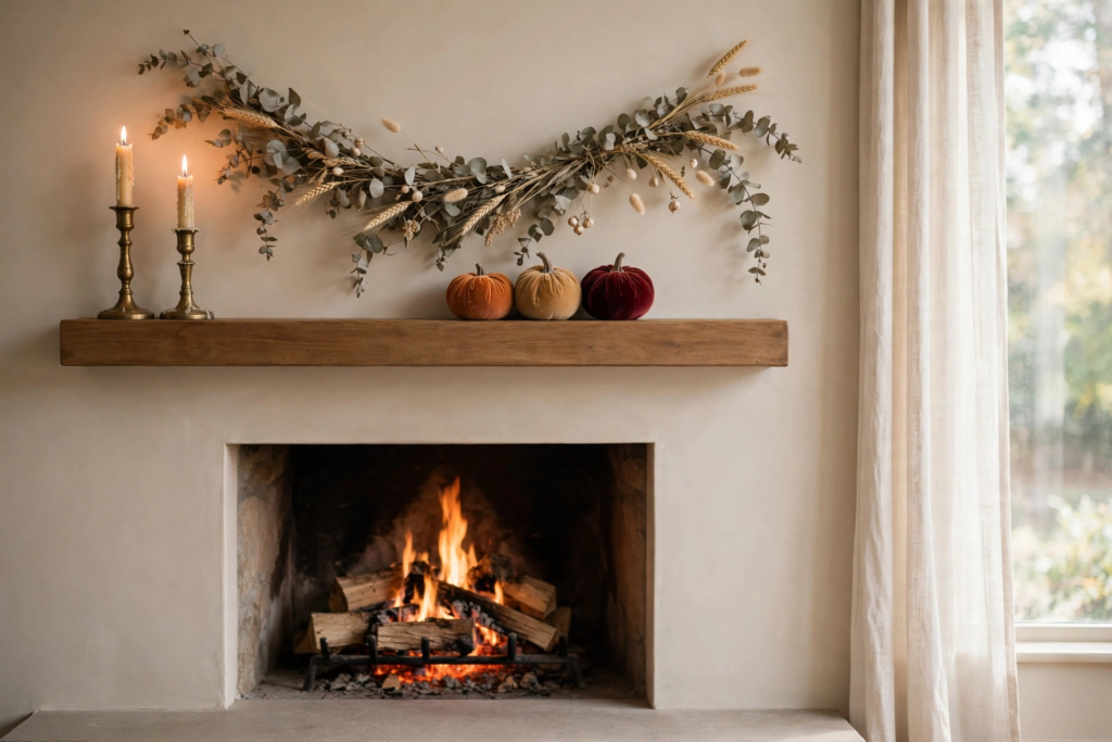 Fall fireplace mantel styled with a dried eucalyptus and wheat garland, brass candlesticks with lit ivory tapers, and velvet pumpkins in rust, camel and burgundy above a lit fireplace in soft natural light.