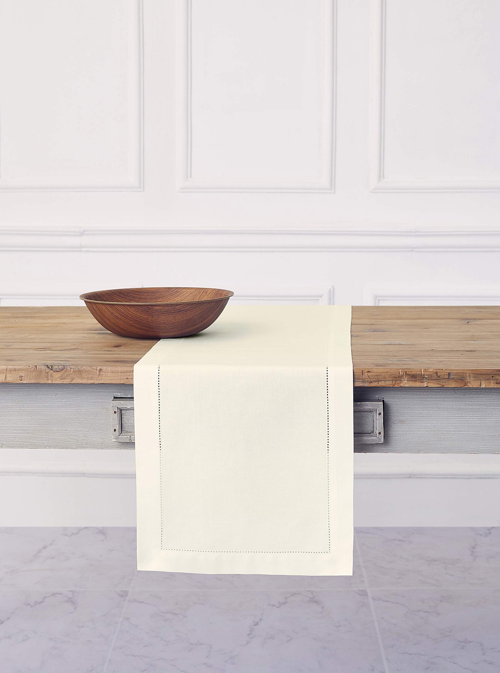 Solino Home Cotton Linen Hemstitch Table Runner, Ivory, 14 x 72