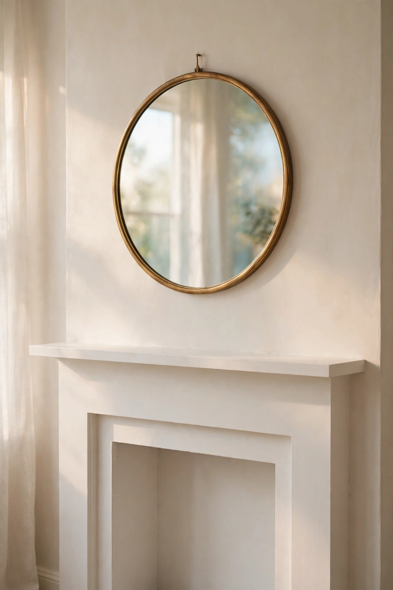 Completely empty, freshly cleaned white painted fireplace mantel with a round brass framed mirror above it in soft morning light.