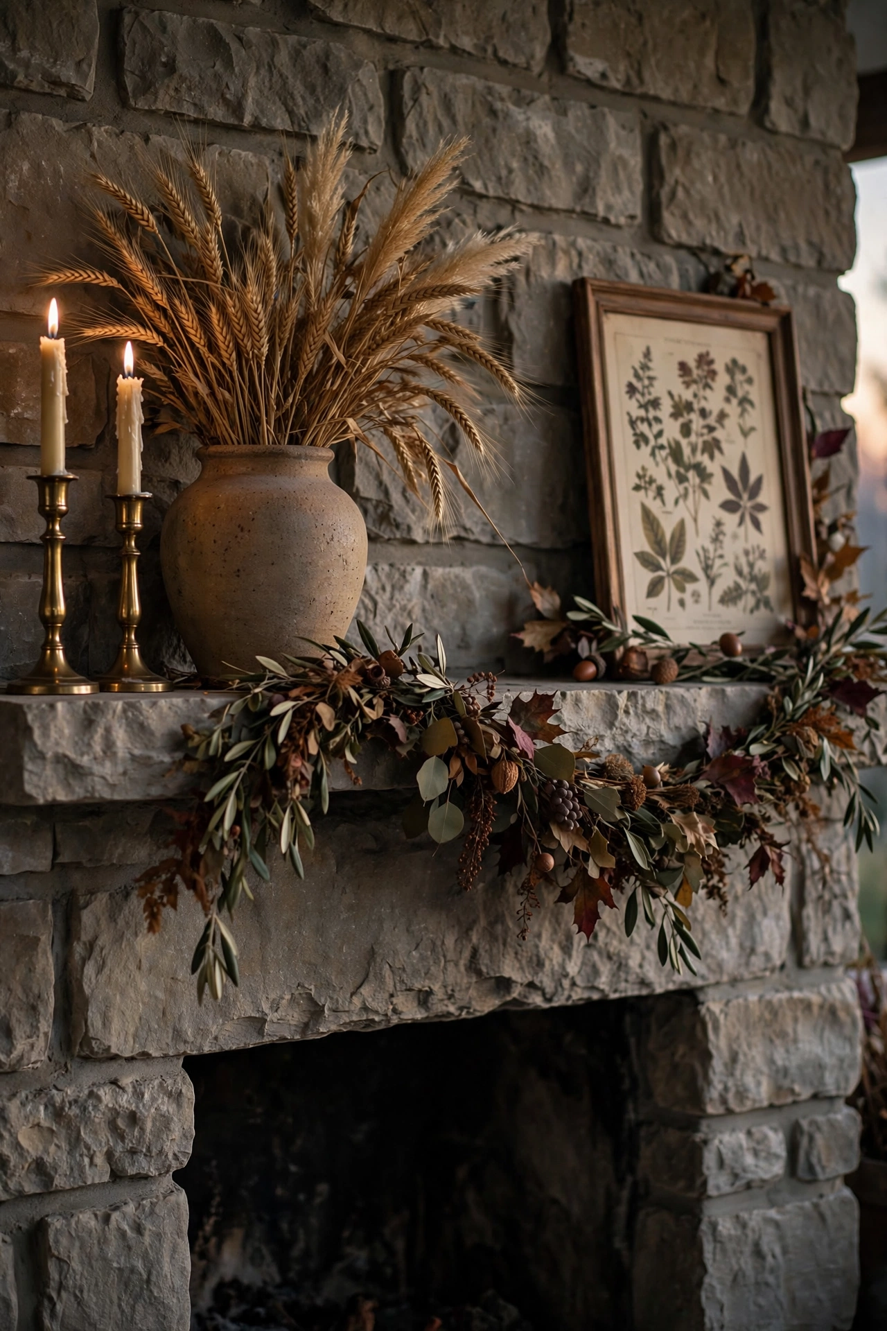 Stone fireplace mantel styled asymmetrically with tall brass candlesticks and a large stoneware vase of dried wheat at the left end, a low garland in the middle, and a leaning vintage botanical print at the right end.