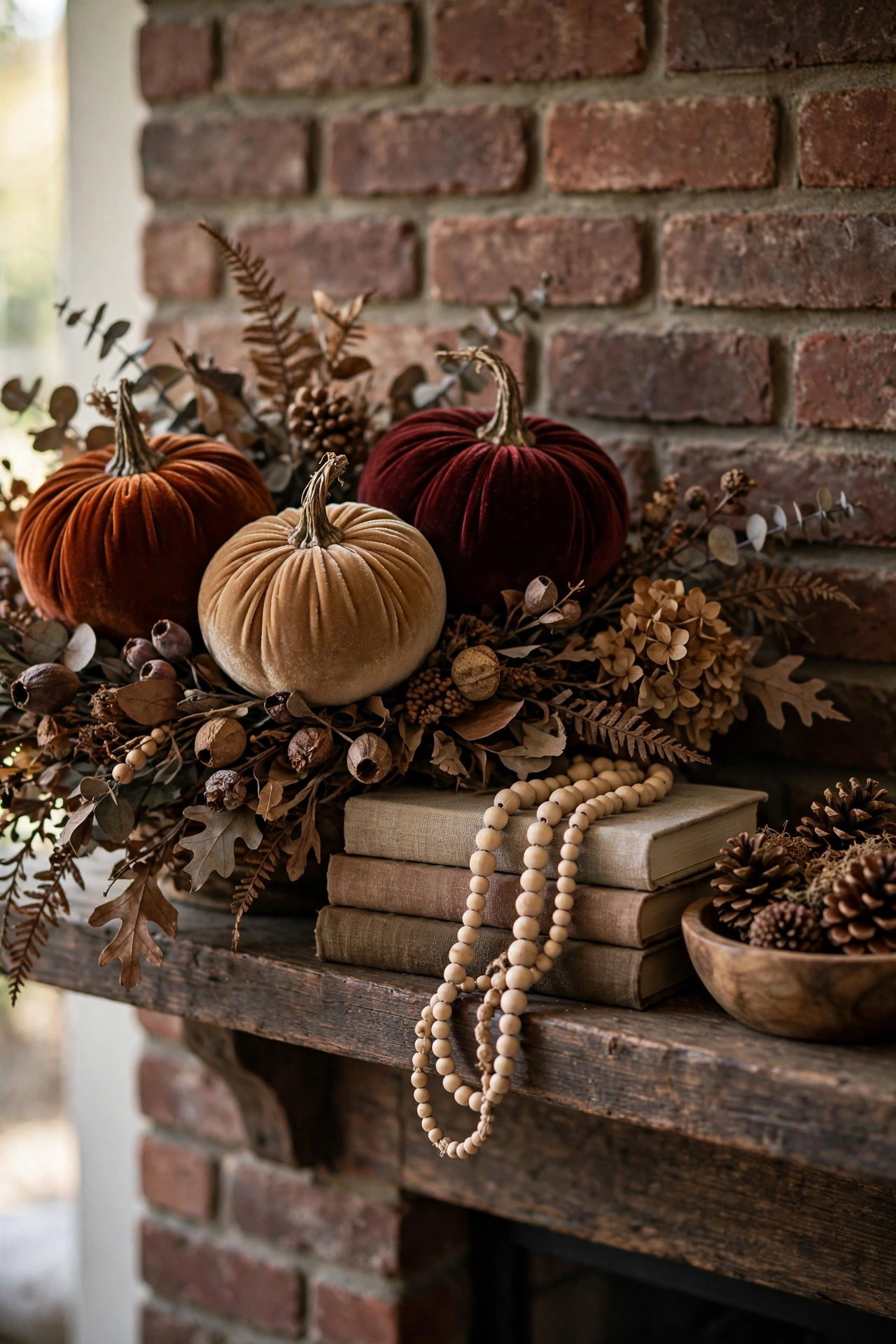Close view of the middle of a brick fireplace mantel layered with three velvet pumpkins in rust, camel and burgundy tucked into a dried garland, cloth bound books, a wooden bead garland, and pinecones in a small bowl.