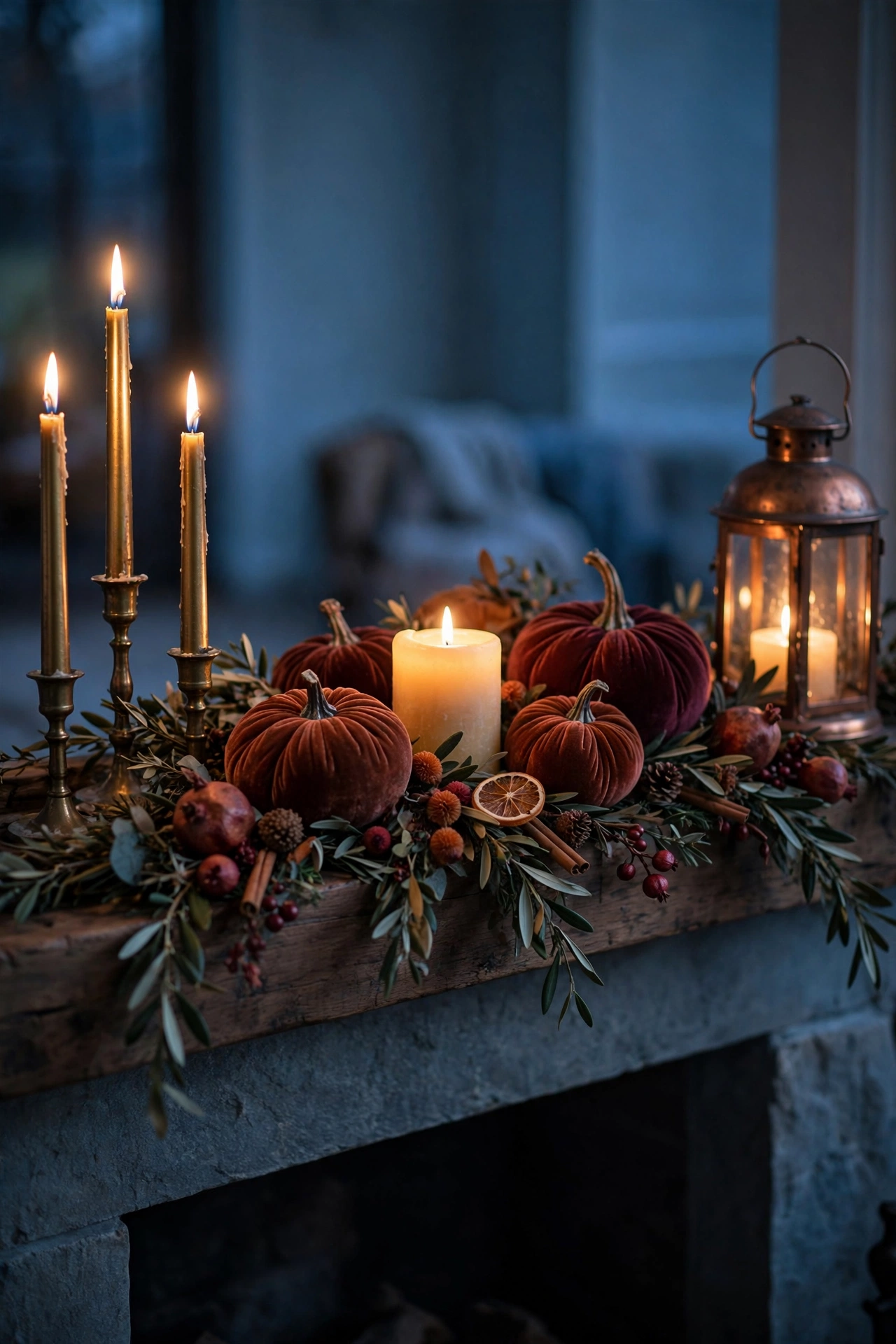 Finished fall mantel at dusk glowing with candlelight at three heights: brass tapers, a low pillar candle among velvet pumpkins, and a lit copper lantern.