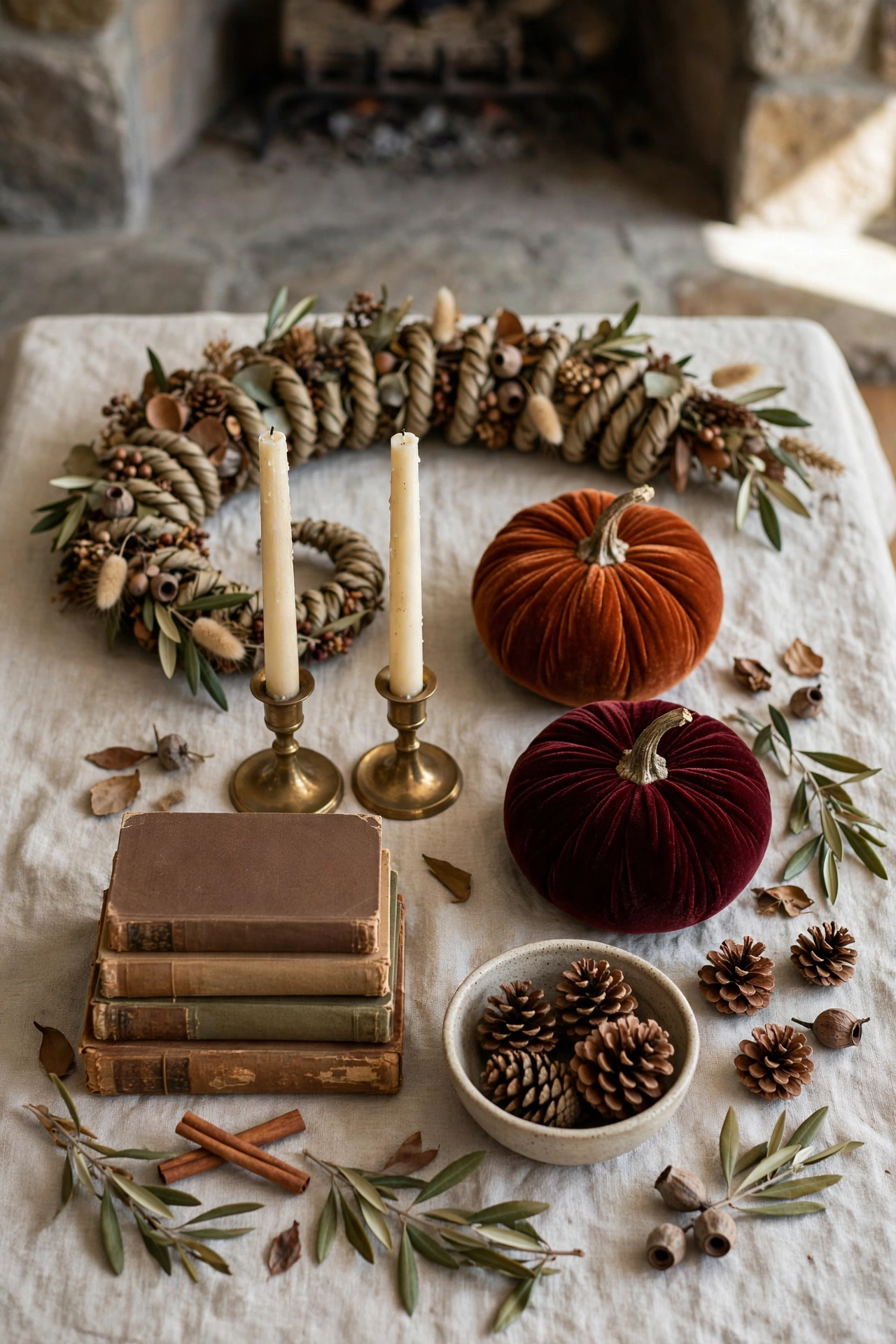 Flat lay of fall mantel styling supplies on linen: a dried garland, brass candlesticks, ivory taper candles, velvet pumpkins in rust and burgundy, cloth bound books, and pinecones in a small bowl.