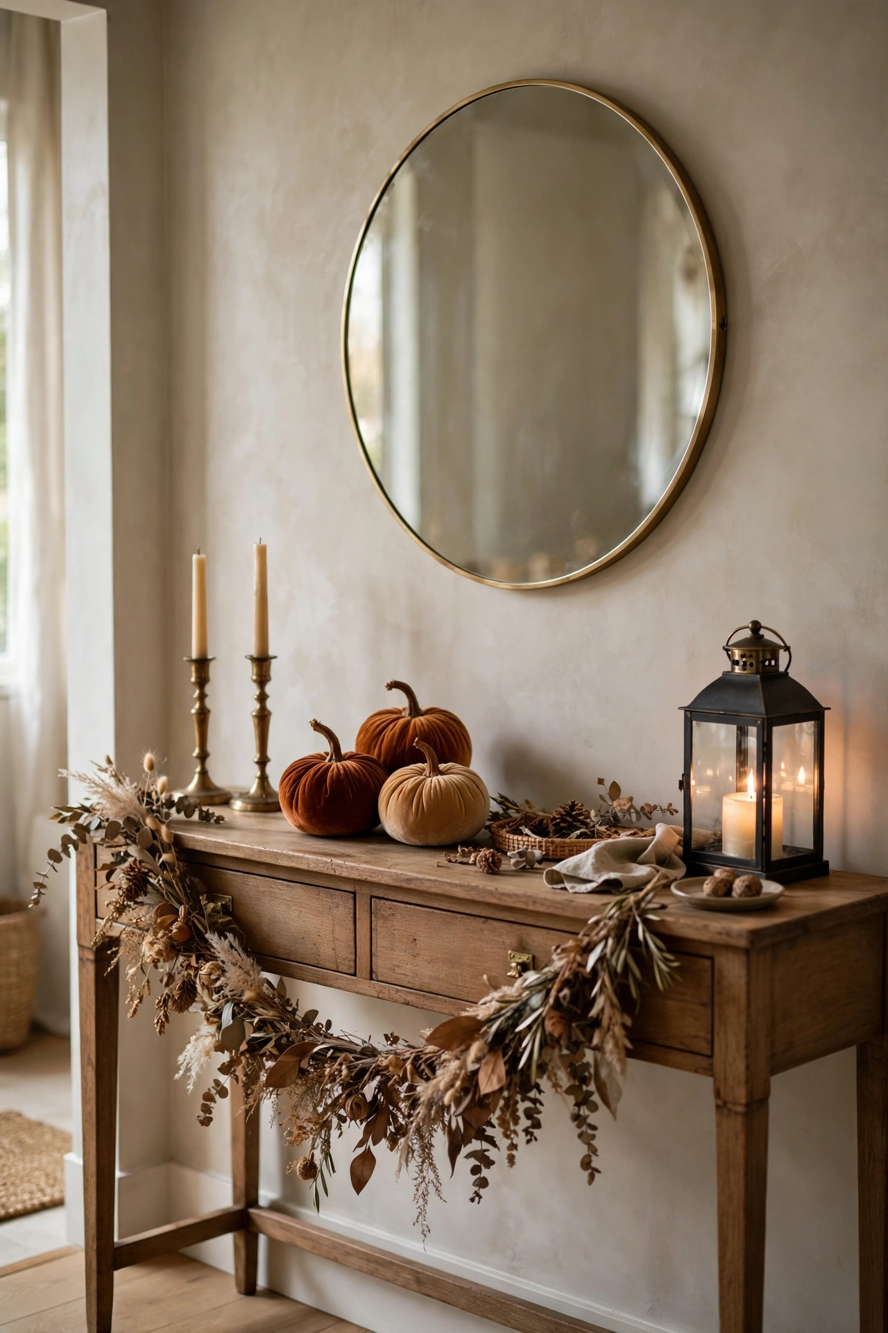 Entryway console table styled like a mantel for fall with a dried garland, brass candlesticks, three small velvet pumpkins, a lit lantern, and a round mirror above it.