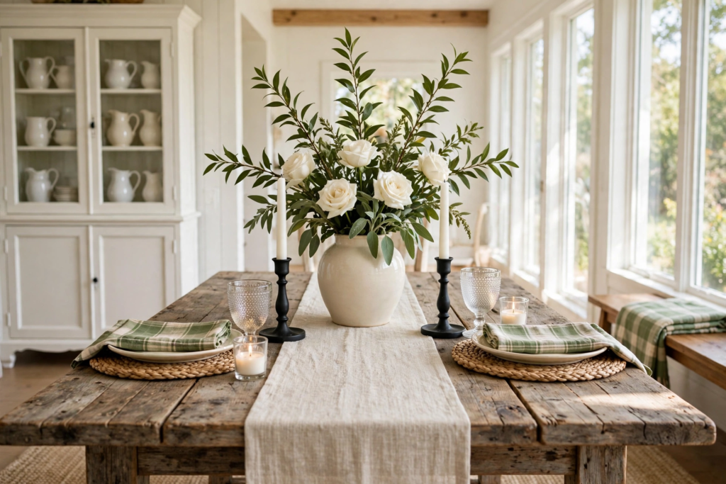 Bright farmhouse fall dining table centered on a large cream vase of white roses and leafy branches, with woven seagrass chargers, green plaid napkins, black candlesticks and an oatmeal linen runner.