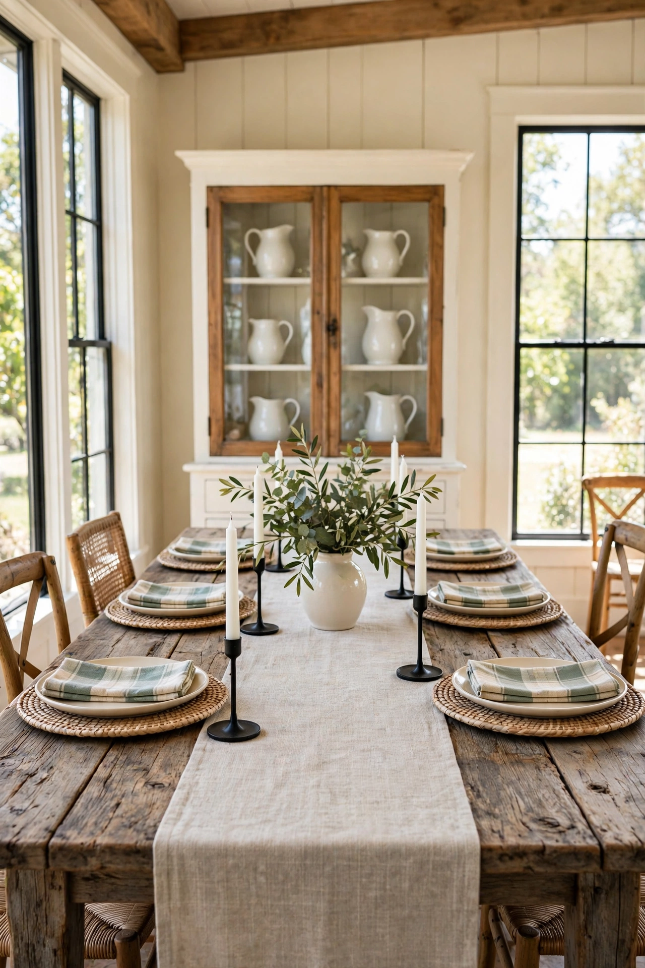 Bright farmhouse dining room with a long bare rustic wood farm table set with cream plates, woven chargers and a cream vase of greenery, glass front hutch and tall windows behind.