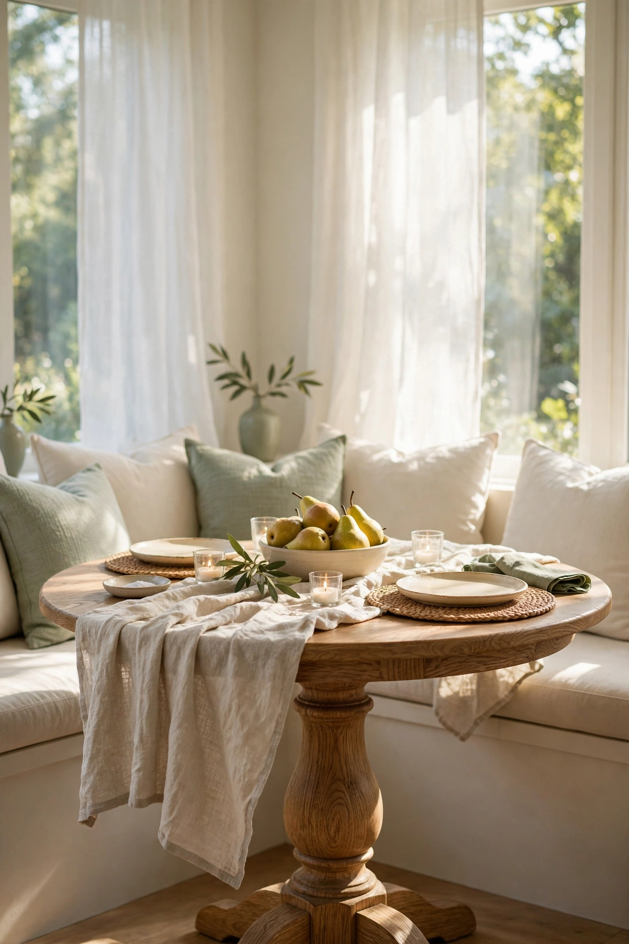 Sunny breakfast nook with a round oak pedestal table, a softly rumpled oatmeal linen runner, cream plates and a low bowl of pears.