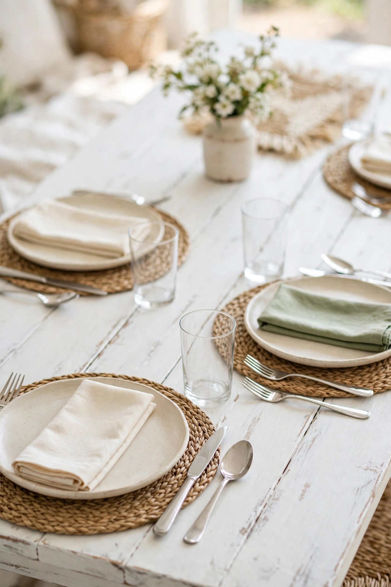 Close view of a white painted farmhouse table with round woven seagrass chargers under cream stoneware plates and folded linen napkins.