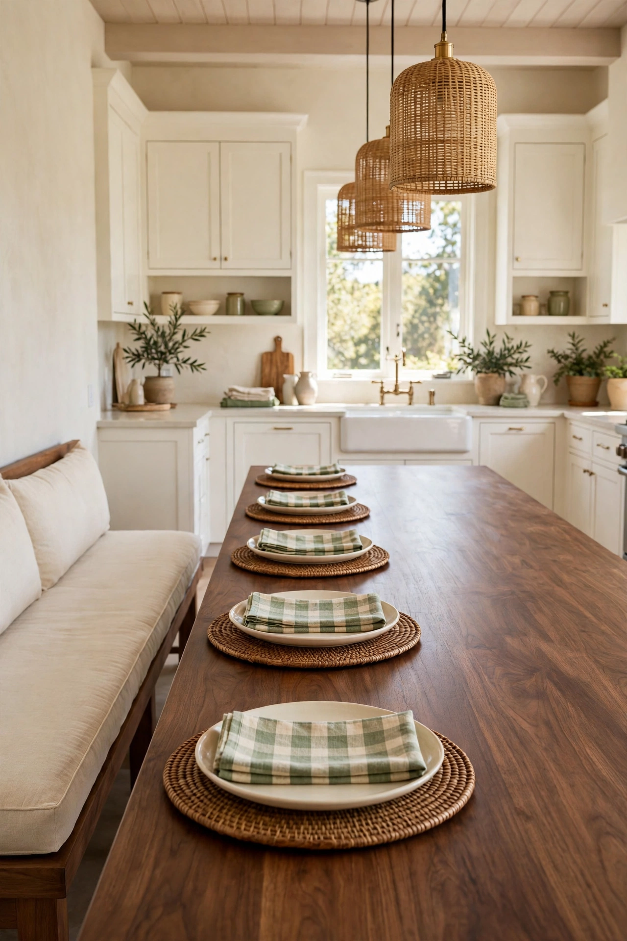 Open plan kitchen dining room with green and cream plaid linen napkins folded on cream plates along a long dark wood table with bench seating.