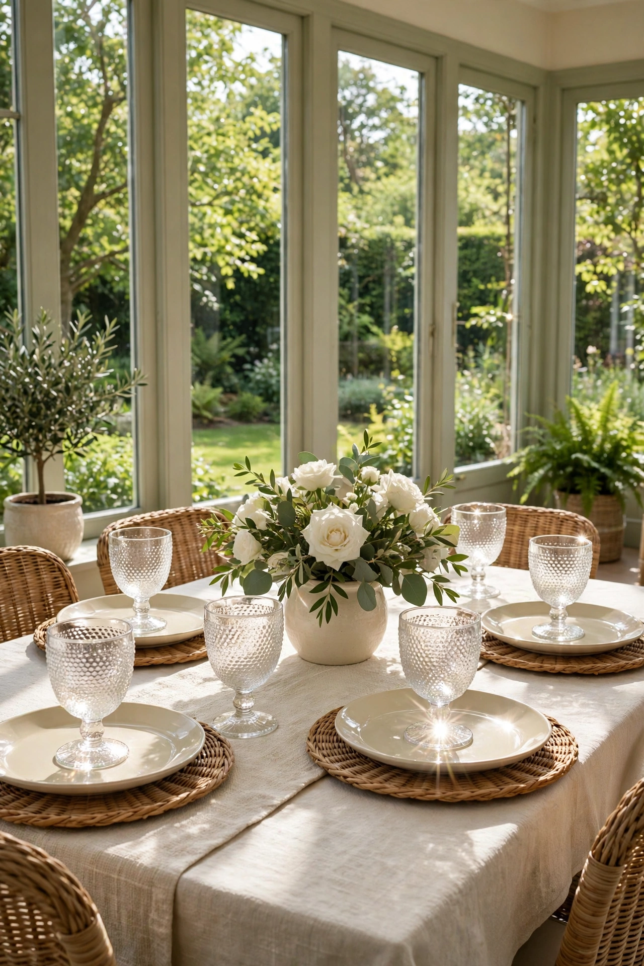 Sunroom dining table with textured dimpled glass goblets sparkling in the sunlight beside cream plates and a low vase of white roses.