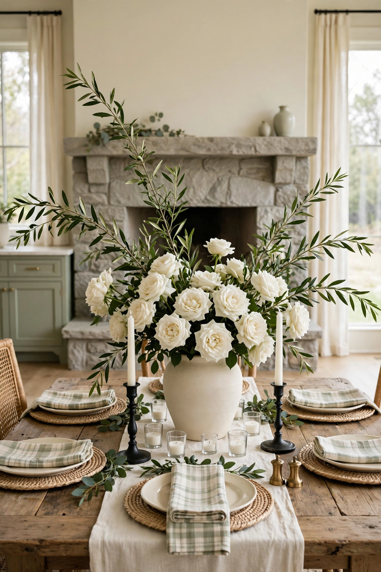 Elegant dining room with a large cream vase of white roses and tall leafy branches as the centerpiece on a farm table, stone fireplace behind.