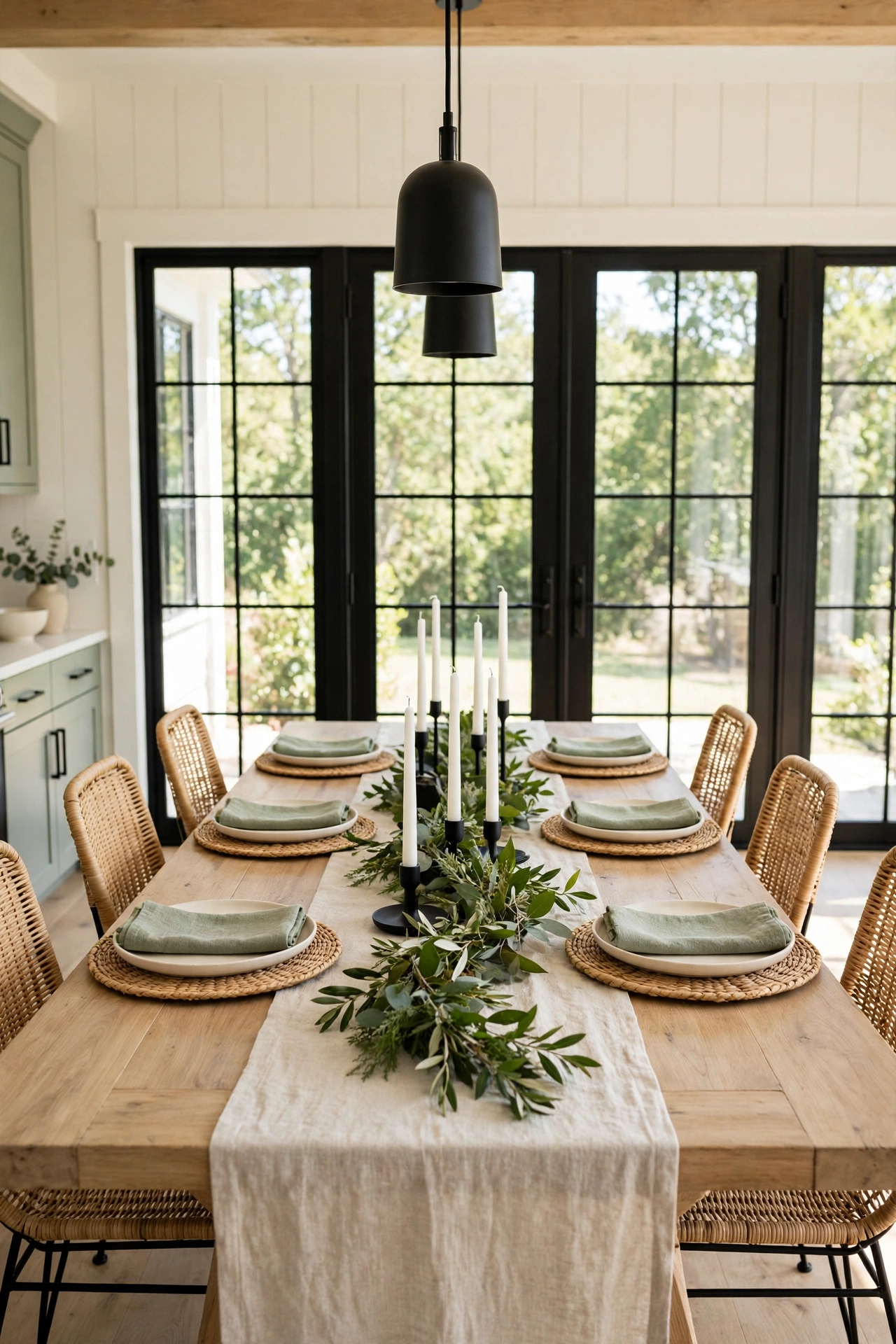 Modern farmhouse dining room with a low garland of fresh greenery running down an oatmeal runner, black candlesticks rising through the leaves.