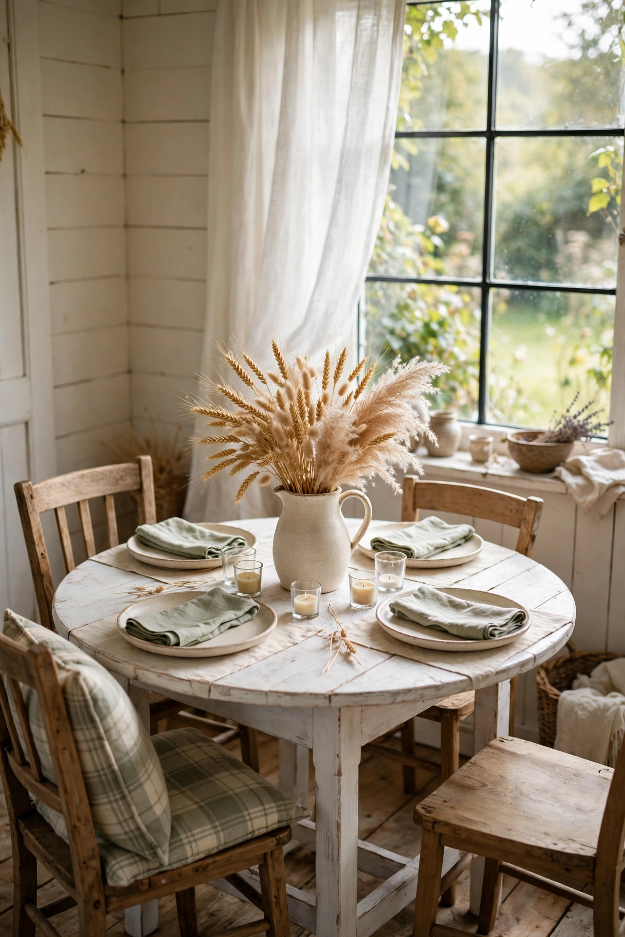 Cottage dining corner with a cream stoneware pitcher of dried wheat and pampas grass at the center of a small round table.