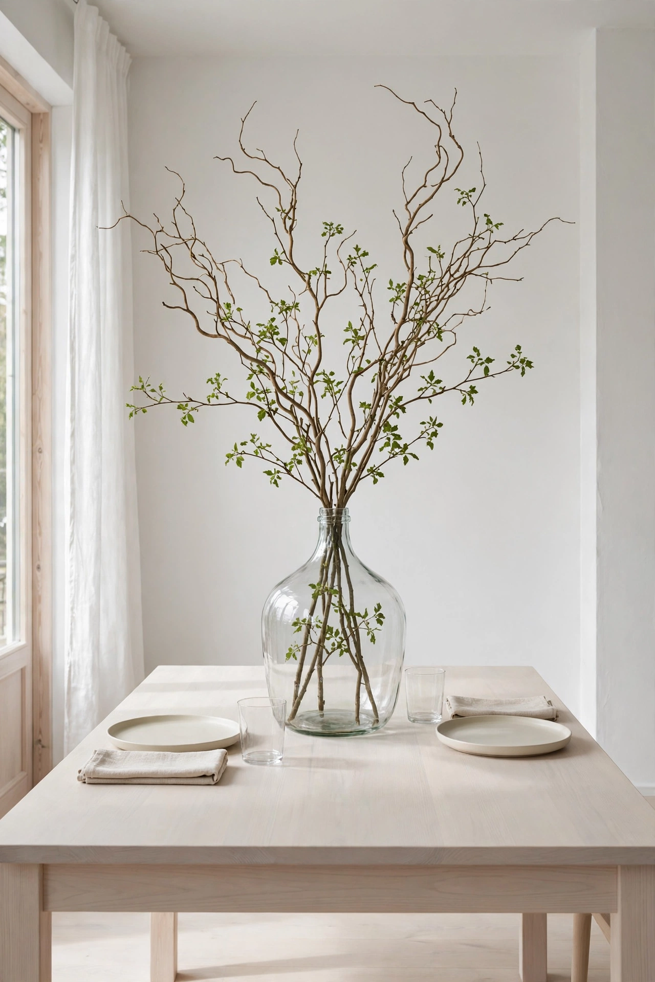 Minimal Scandinavian dining room with tall leafy branches standing in a large clear glass demijohn on a pale wood table.