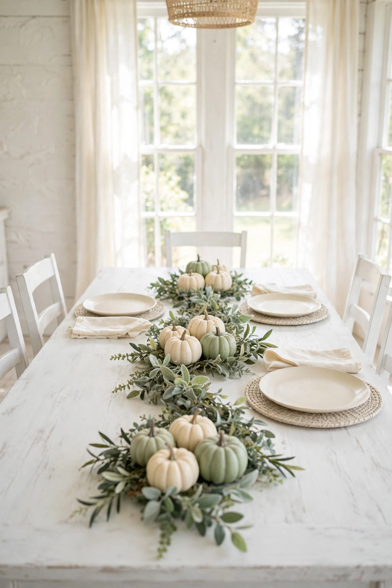 Whitewashed dining room with pale cream and sage pumpkins clustered in threes along a greenery runner on a white table.