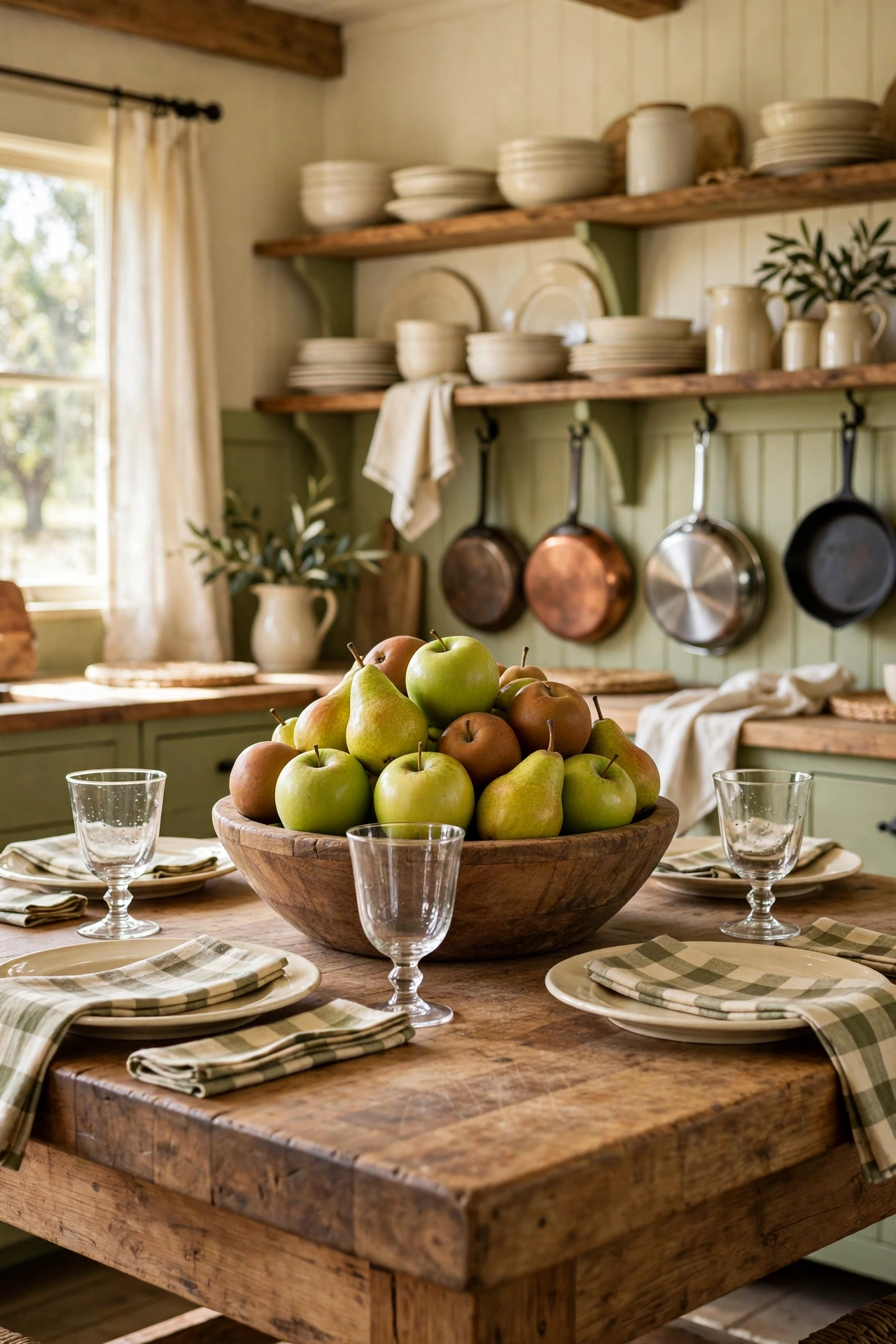 Farmhouse kitchen table with a wide wood bowl piled with green apples, pears and russet apples as an edible centerpiece, hanging pans behind.