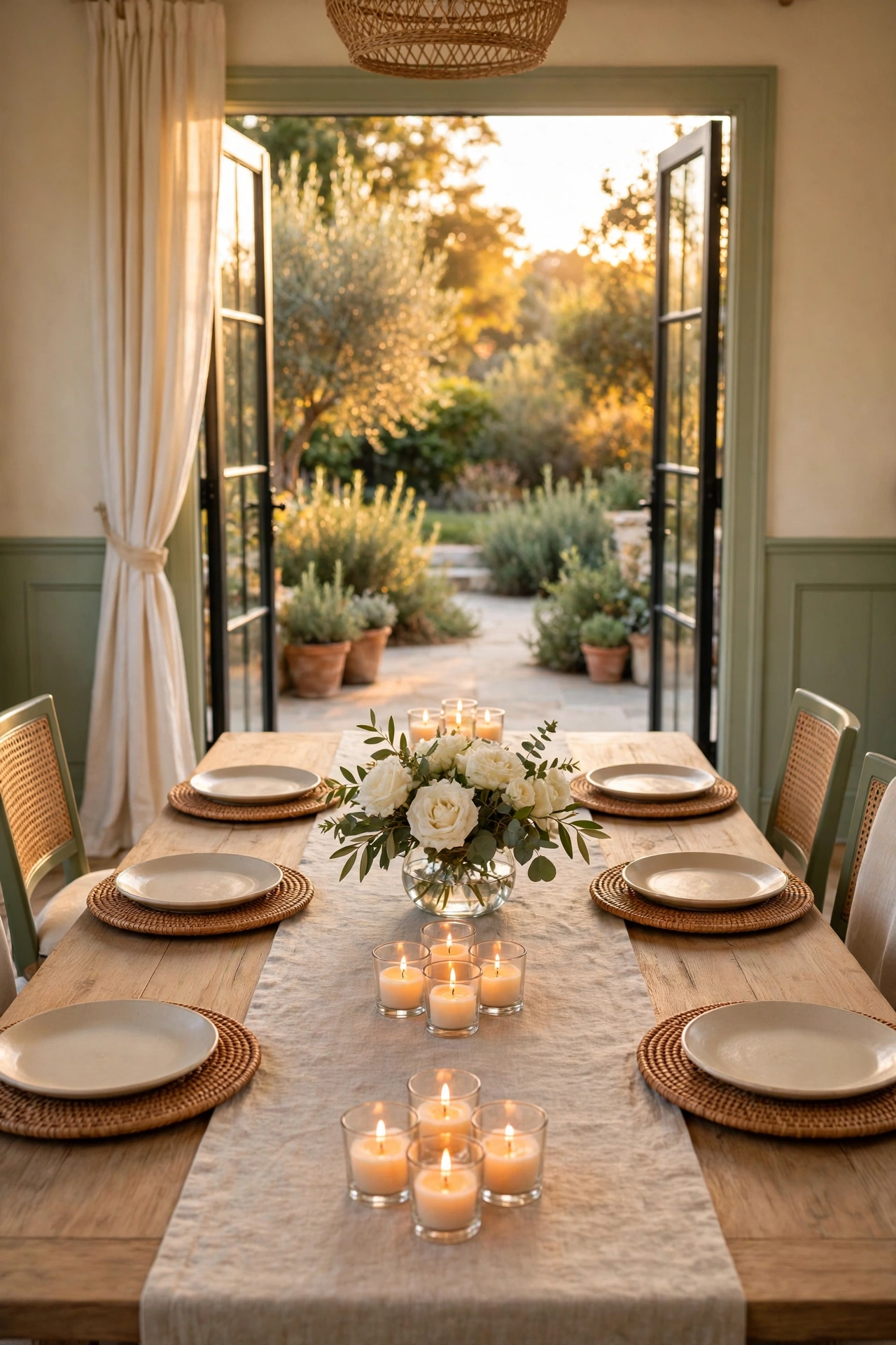Dining room with French doors at golden hour, clear glass votive candles clustered in threes down an oatmeal runner.