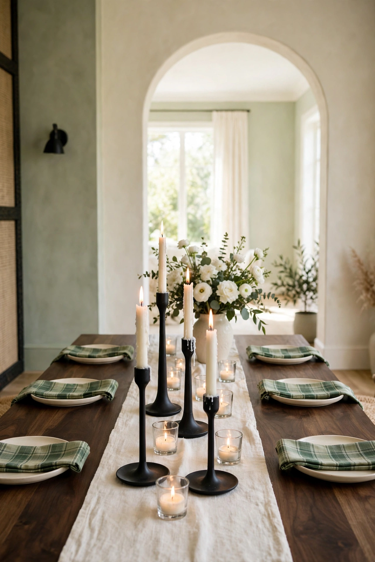 Dining room with an arched doorway and matte black candlesticks holding white tapers down the center of a dark walnut table.