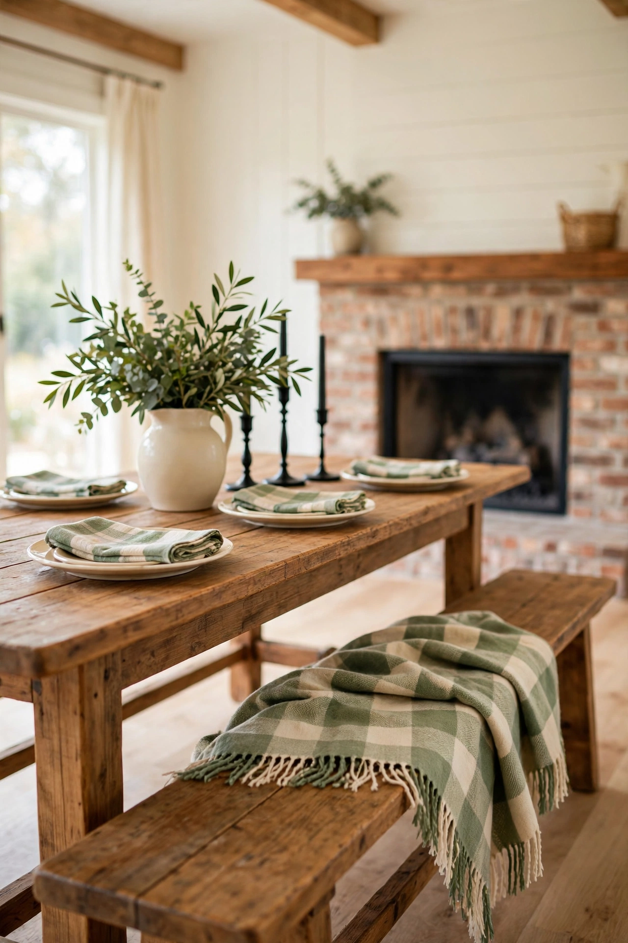 Cozy dining room with a green and cream plaid throw draped over the bench of a wood farm table set with cream plates, brick fireplace behind.