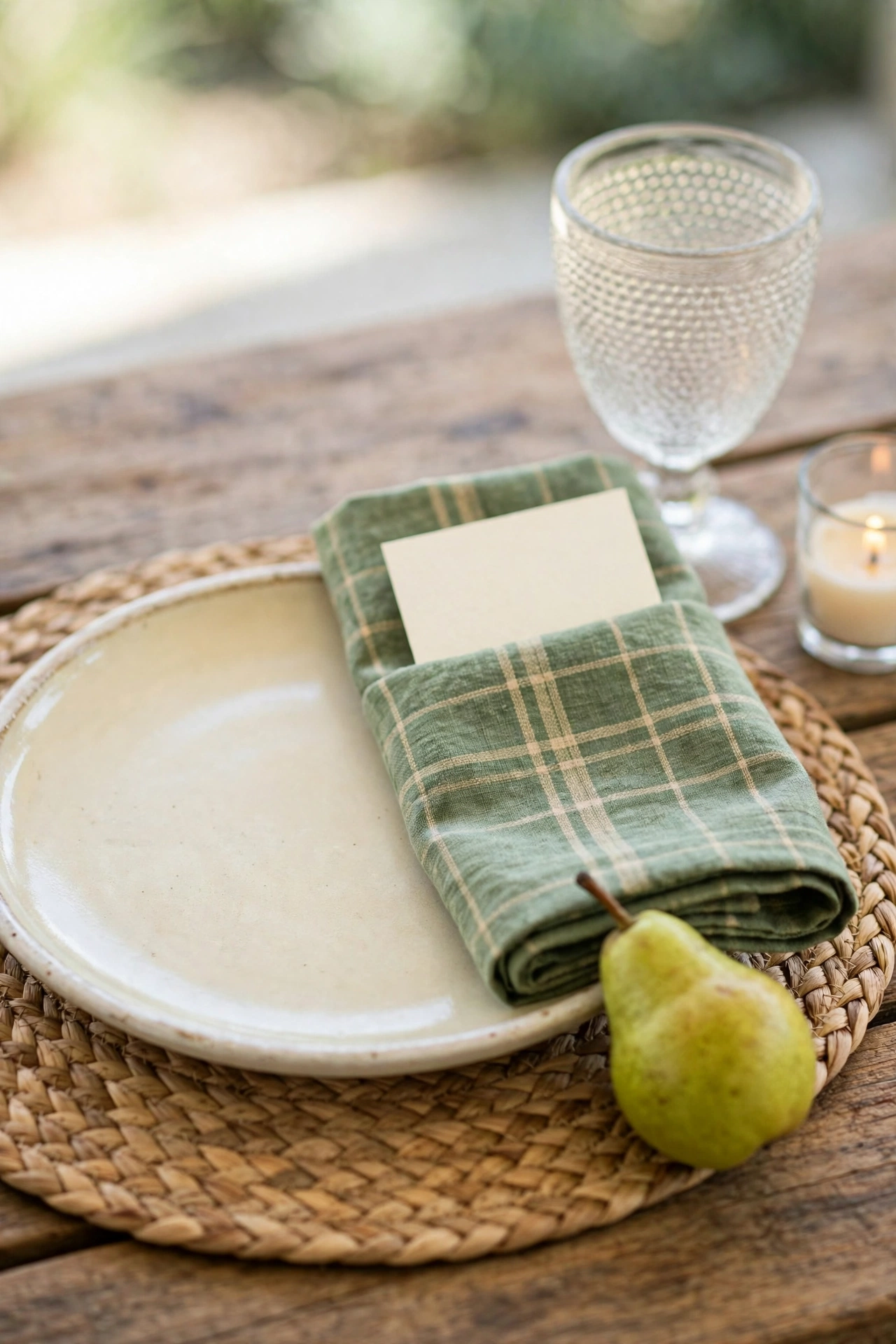 Close up of a place setting with a blank cream place card tucked into a folded green plaid napkin, a green pear resting beside the plate.
