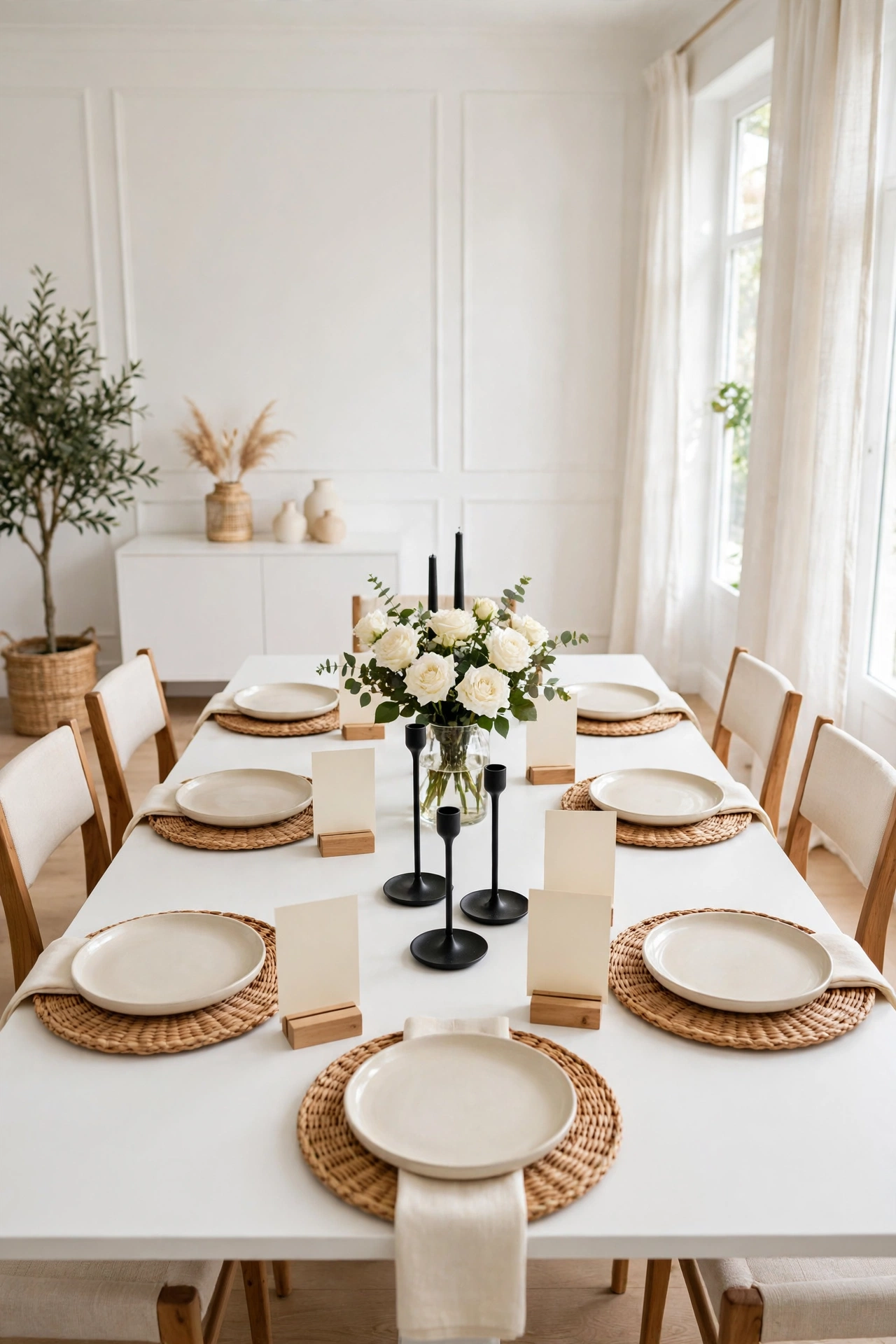 Bright white dining room with simple cream menu cards standing in small wood block holders at each place setting.