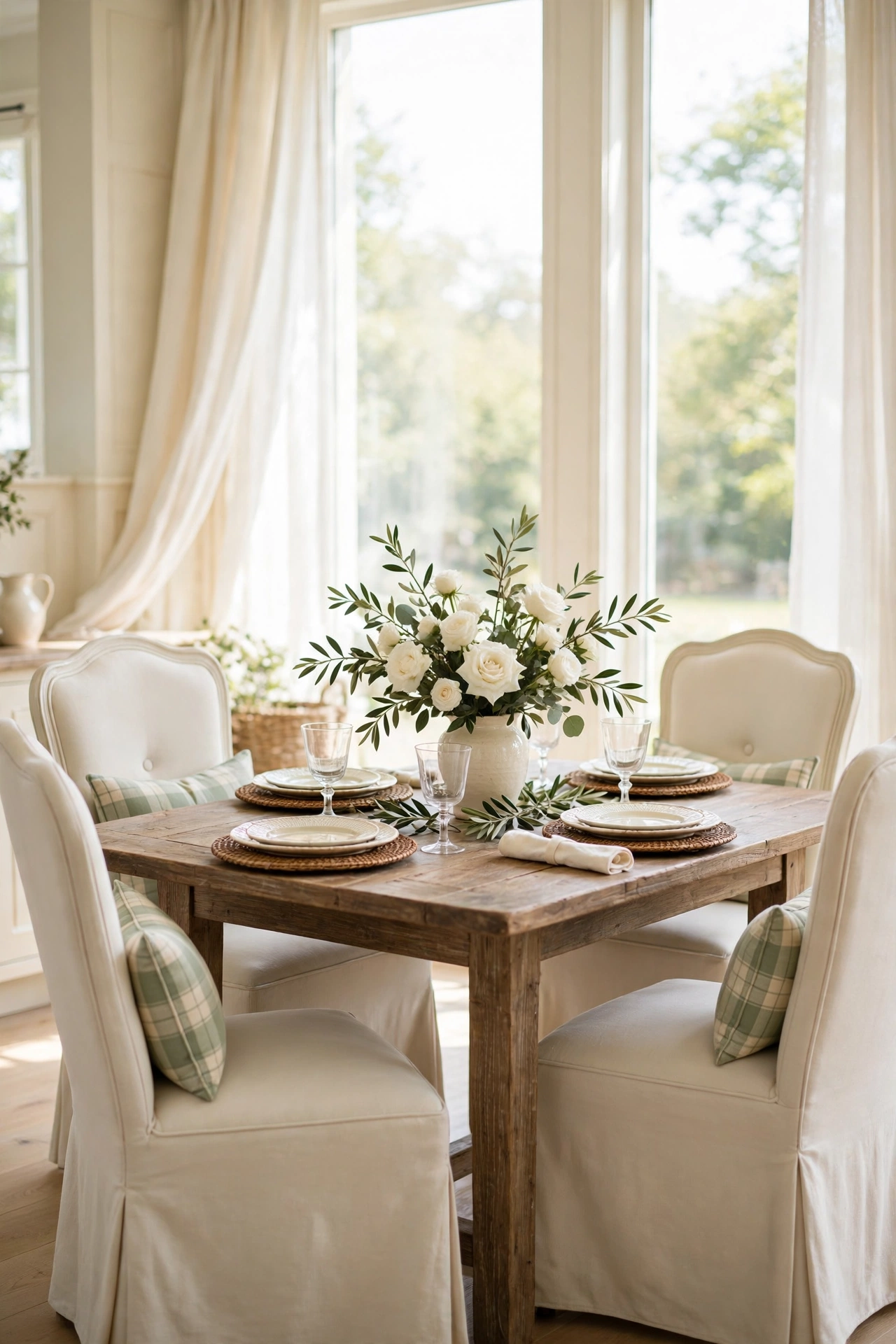 Airy dining room with sage green and cream plaid pillows on upholstered host chairs around a rustic wood table set with cream plates.
