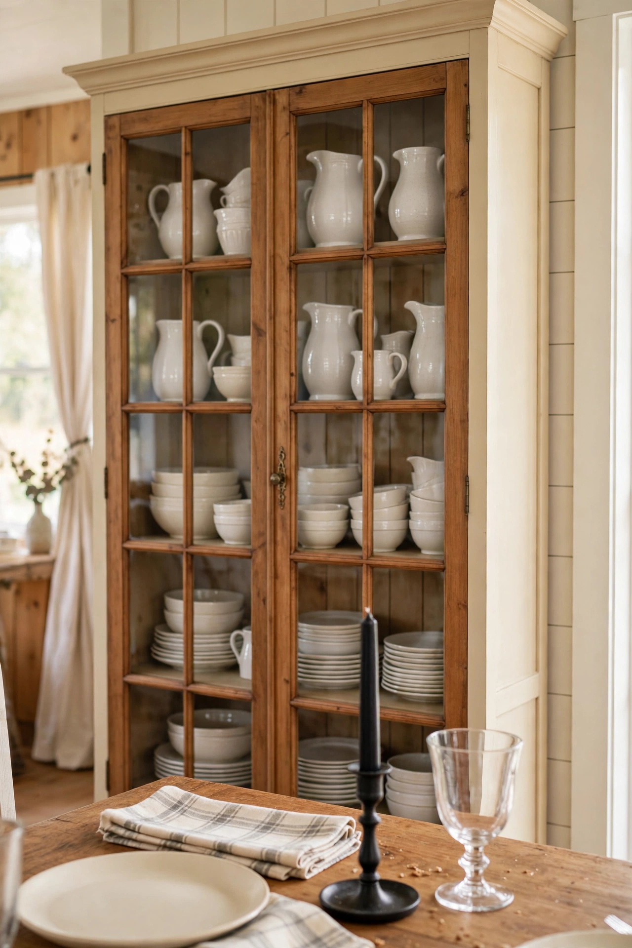 Glass front farmhouse hutch filled with white stoneware pitchers and cream bowls standing behind a set dining table.