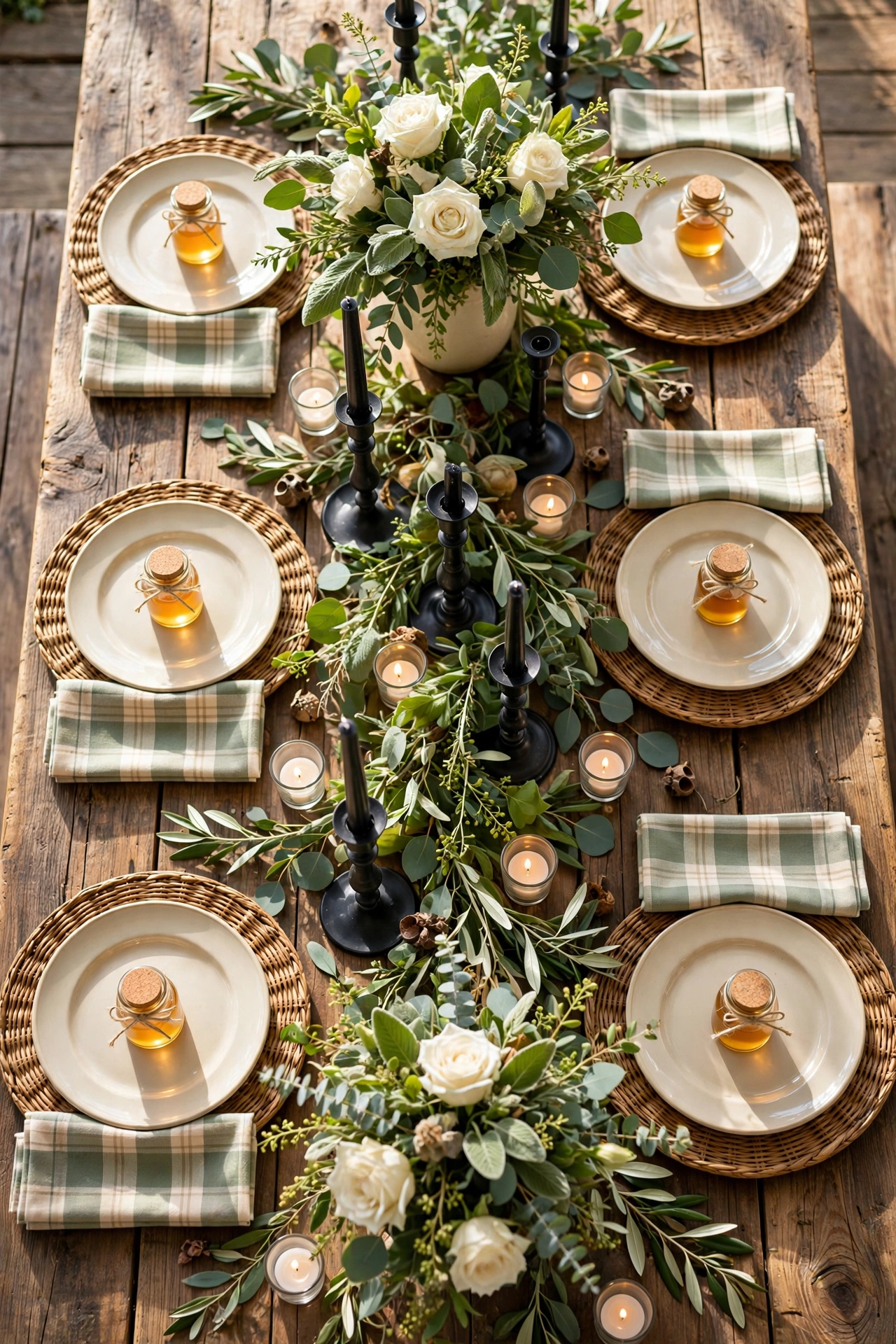 High angled view down a farm table with a tiny jar of golden honey tied with twine set on each cream plate as a favor, greenery and white roses down the center.