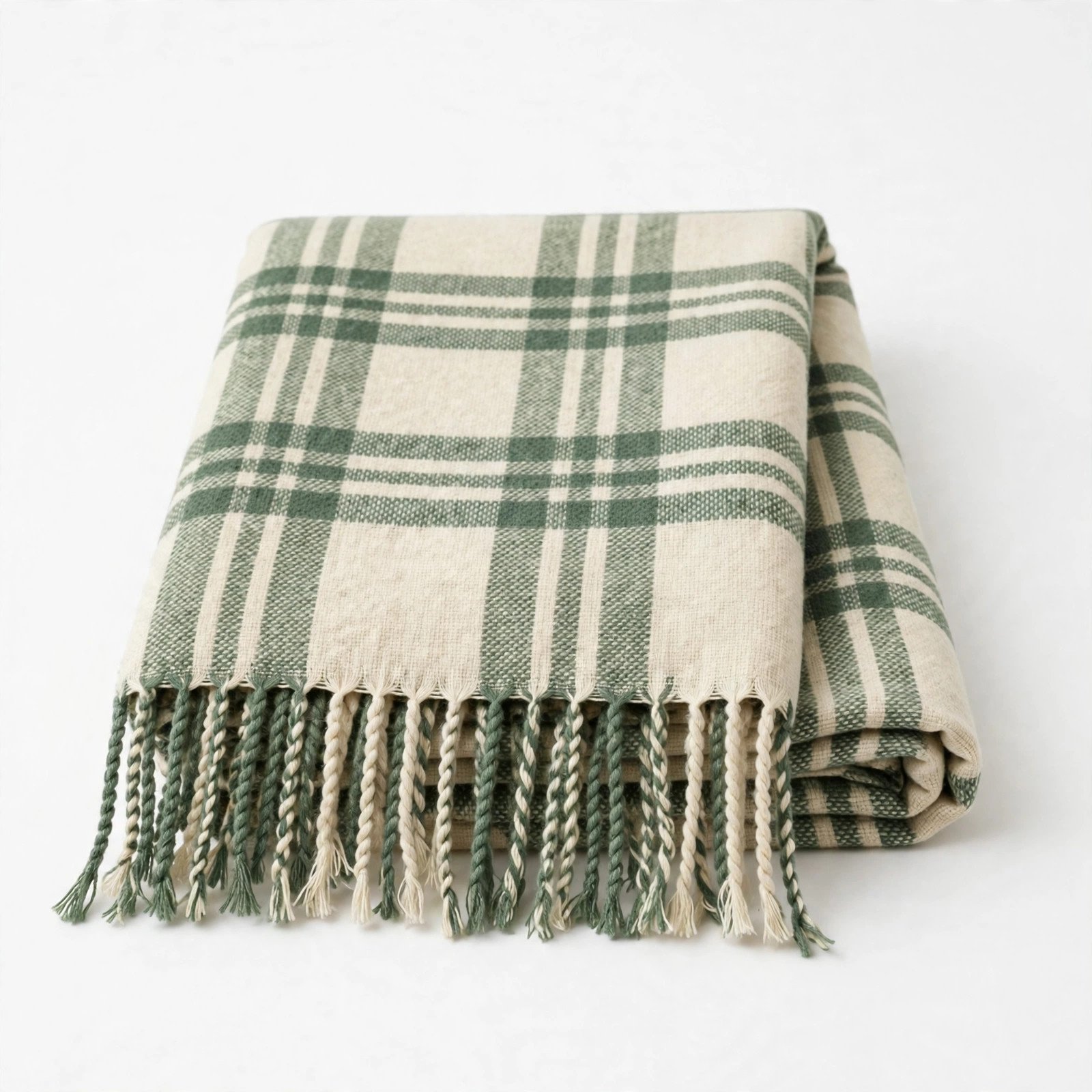 DII Modern Farmhouse Plaid Collection Cotton Fringe Throw Blanket, 50x60, White/Antique Green