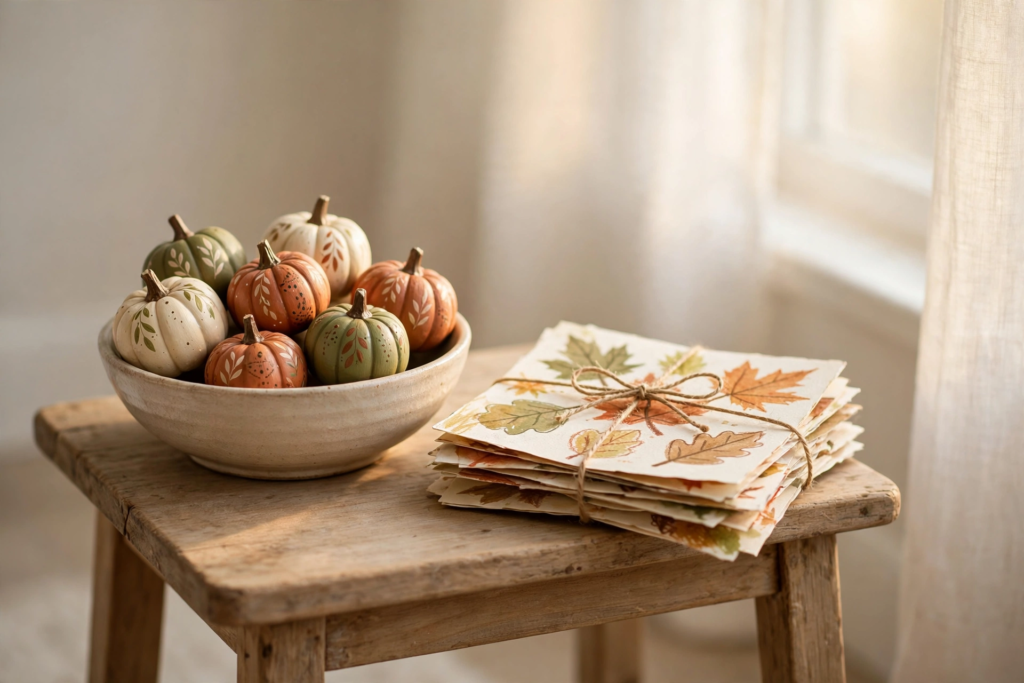 Bowl of hand painted mini pumpkins in cream, rust and olive beside a stack of children's autumn leaf artwork tied with twine on a wooden side table