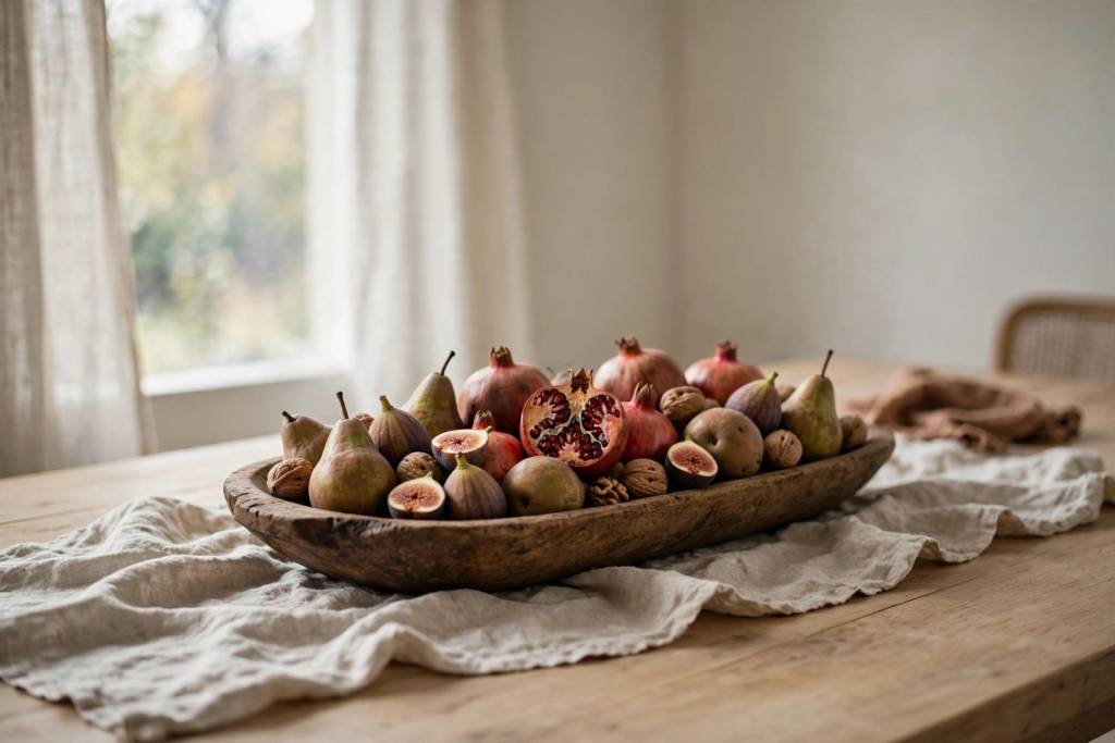 Fall dining table vignette with a wooden dough bowl of pomegranates, pears, and figs on an oatmeal linen runner in soft window light.