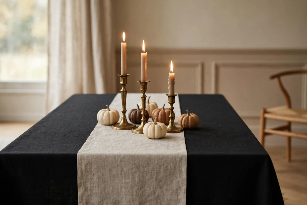 Halloween dinner party vignette with brass taper candles, amber goblets and a low burgundy garland on a matte black table in warm candlelight.