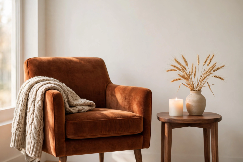 Rust velvet reading chair with an oatmeal chunky knit throw, walnut side table with a glowing flameless candle and a small stoneware vase of dried wheat in warm window light.