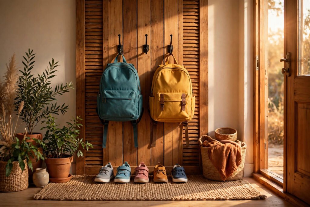 A warm organized entryway with kids' backpacks hanging on wall hooks and shoes lined up below