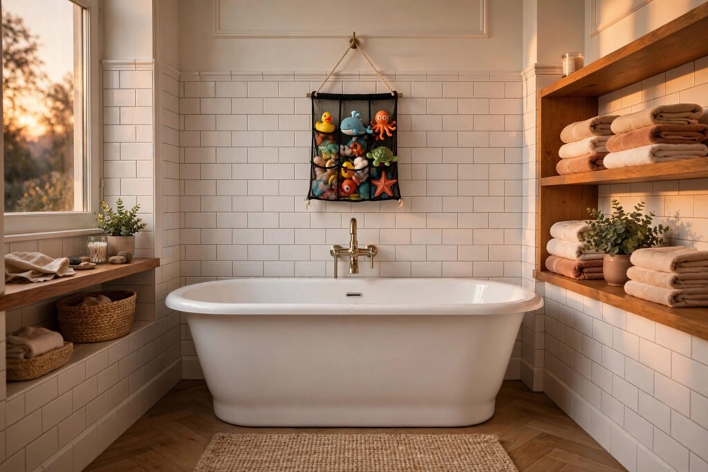 A warm cozy bathroom with a clean white bathtub and hanging toy organizer