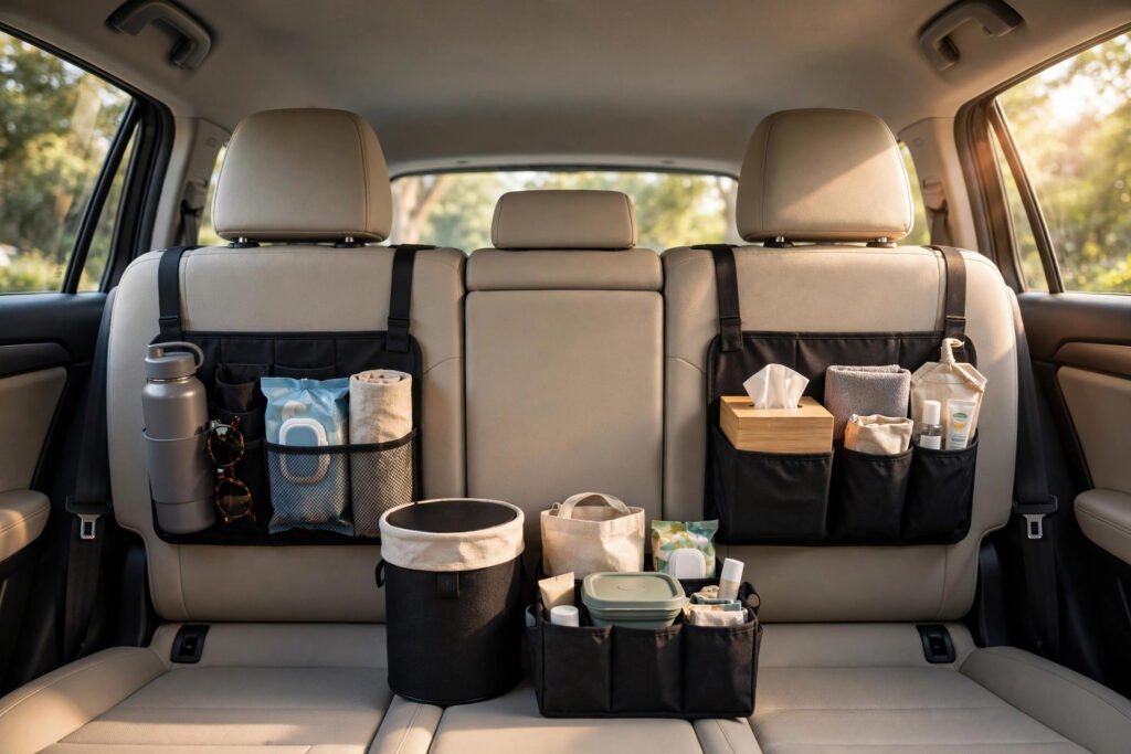 A tidy family car interior with organized back-seat organizers in warm daylight