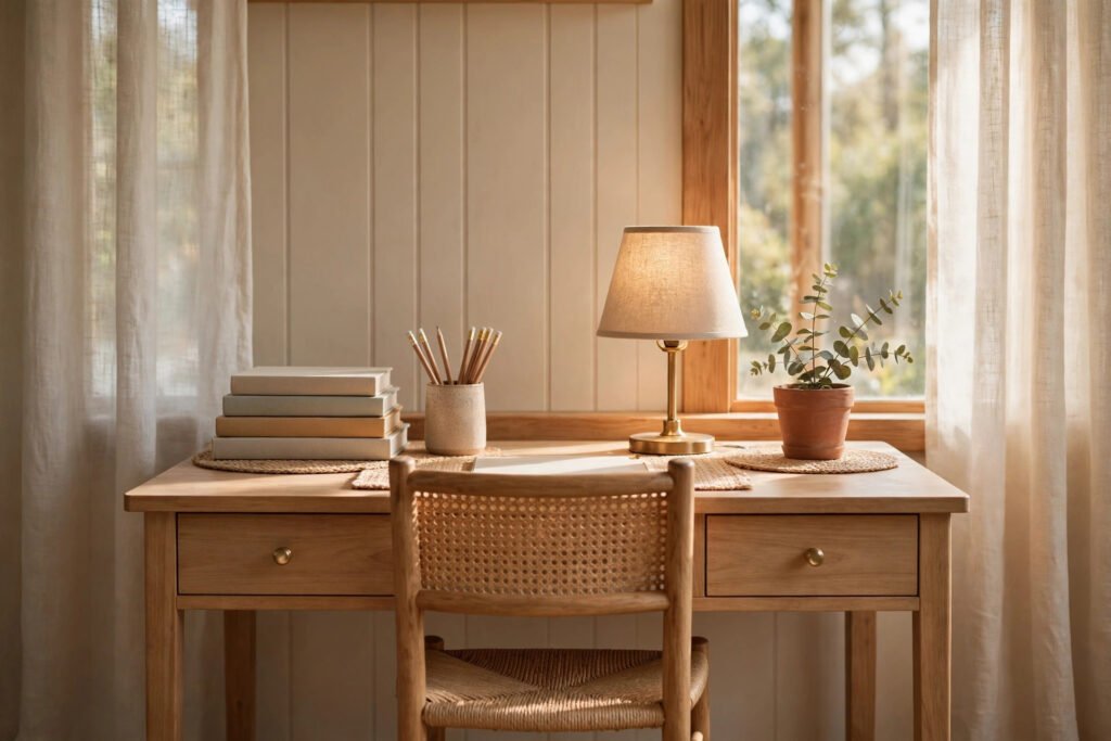 A cozy tidy kids' homework station with a desk, books, and lamp in warm light