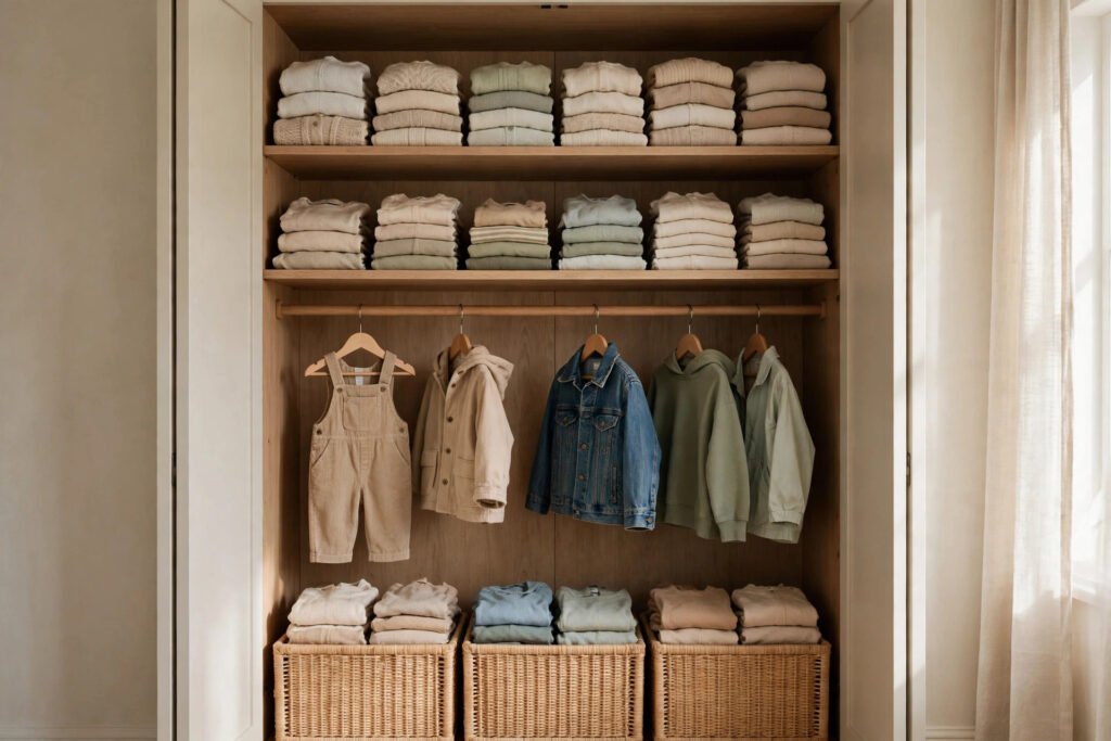A tidy organized kids' closet with folded clothes and bins