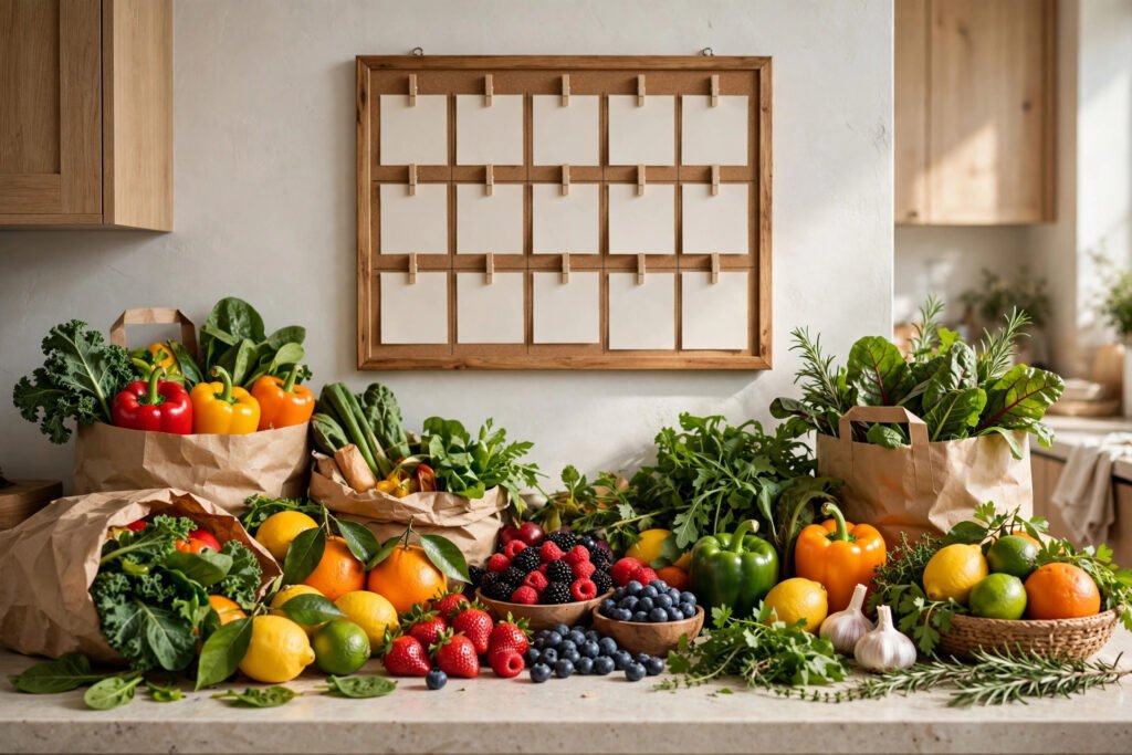 Bright kitchen counter with a weekly meal plan board on the wall, paper grocery bags, and colorful fresh produce including bell peppers, greens, citrus, and berries