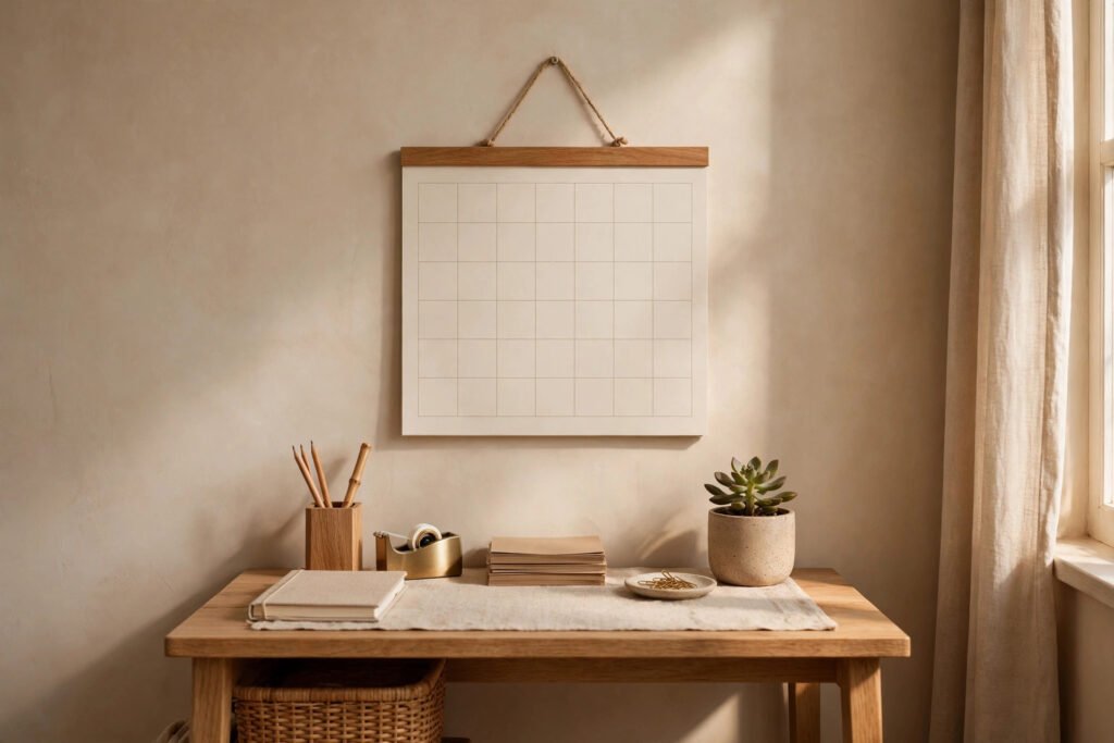 A calm, organized home command center nook with a wall calendar, tidy desk, and small potted plant in warm light.