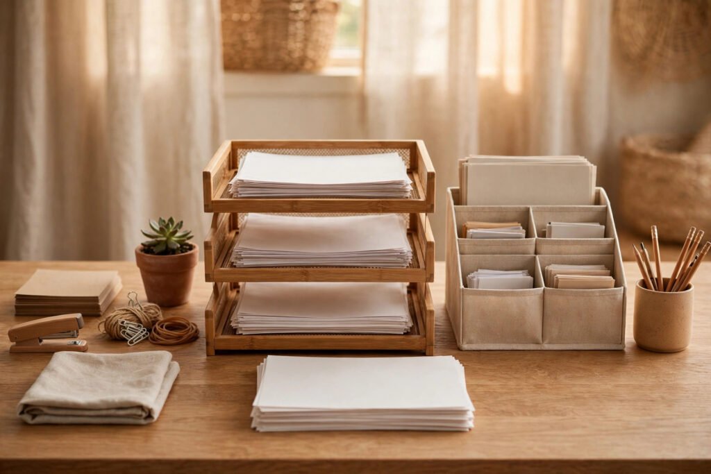 A tidy desk with organized paper trays and file organizers for sorting school papers