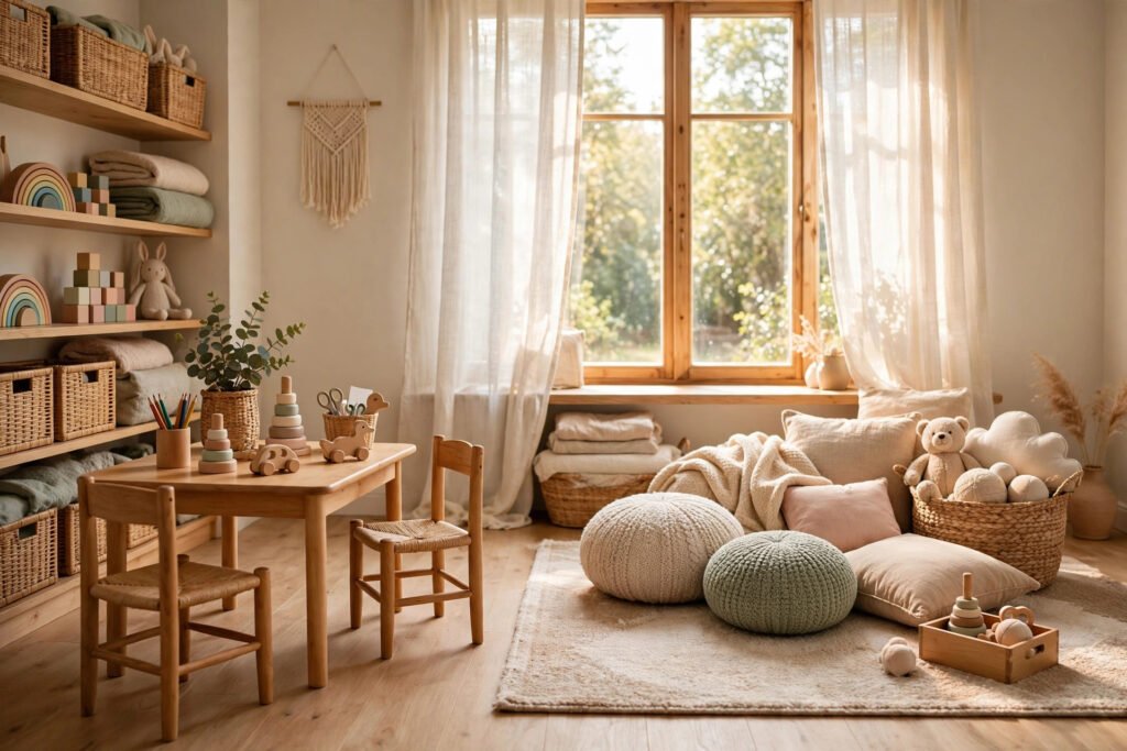 A warm bright playroom with a small wooden table area and a cozy rug corner, organized and peaceful in natural daylight