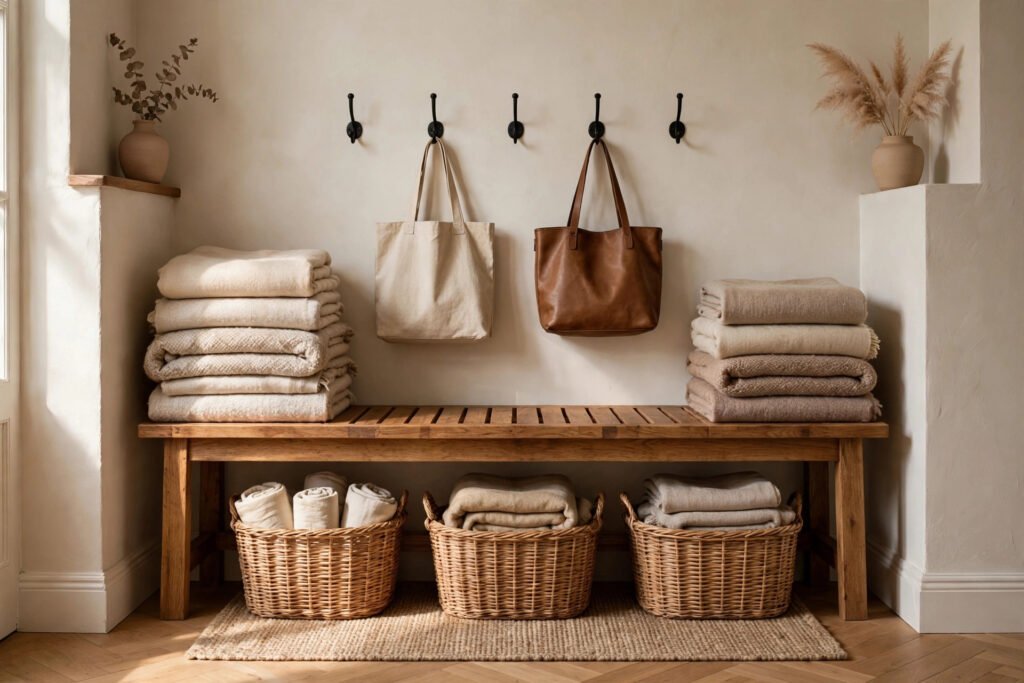A calm organized entryway with a bench, baskets, and hooks ready for the week