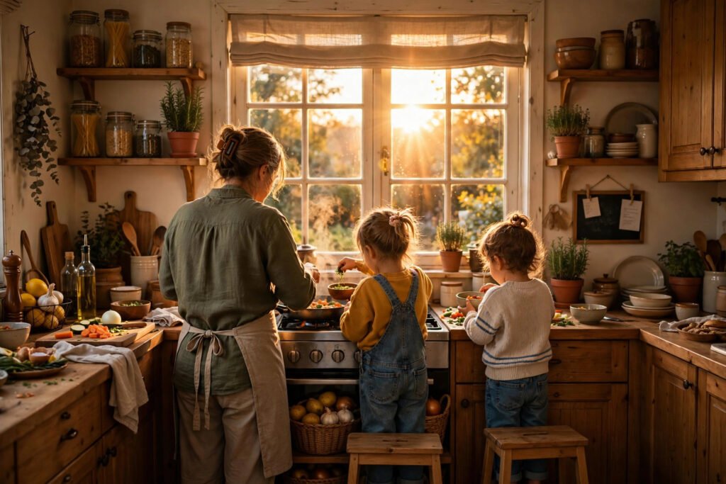 A warm kitchen at golden hour with a parent and kids preparing dinner together
