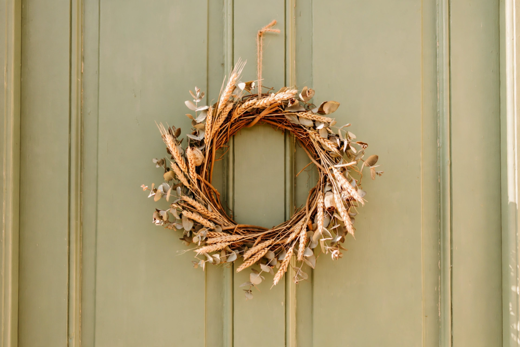 Rustic grapevine wreath of dried wheat and silvery eucalyptus hanging centered on a soft sage green door in warm natural daylight.