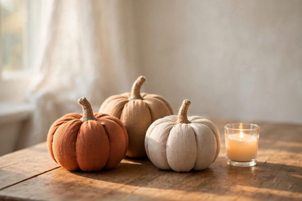 A simple vignette of fabric pumpkins in rust, camel and oatmeal glowing in soft window light.