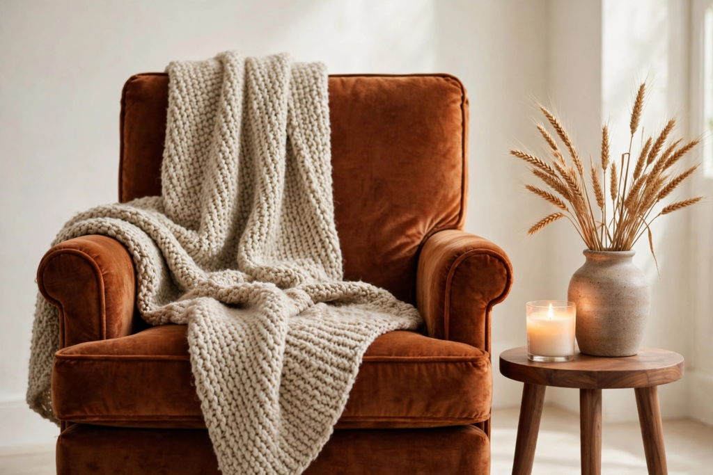 Rust velvet reading chair with an oatmeal chunky knit throw, walnut side table with a glowing flameless candle and a stoneware vase of dried wheat in soft warm daylight.