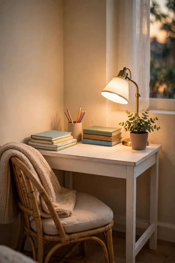 A small dedicated homework desk nook in a bedroom corner with organized supplies in warm lamplight.